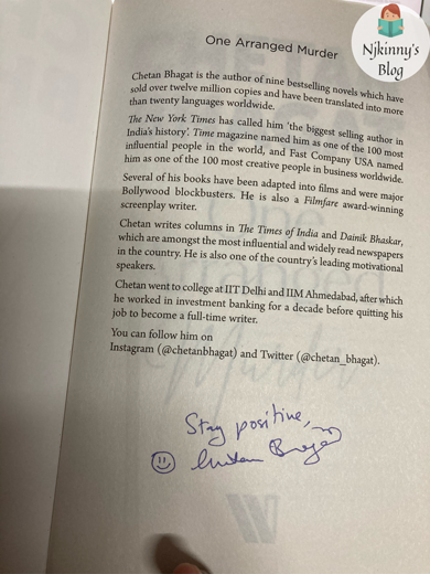 One Arranged Murder by Chetan Bhagat signed copy and Book Review on Njkinny's Blog